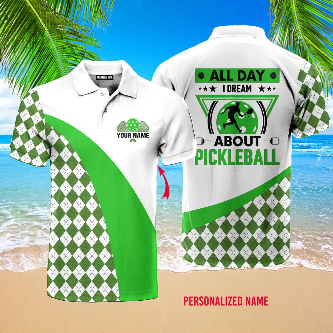 All Day I Dream About Pickleball Green Custom Name Polo Shirt For Men & Women