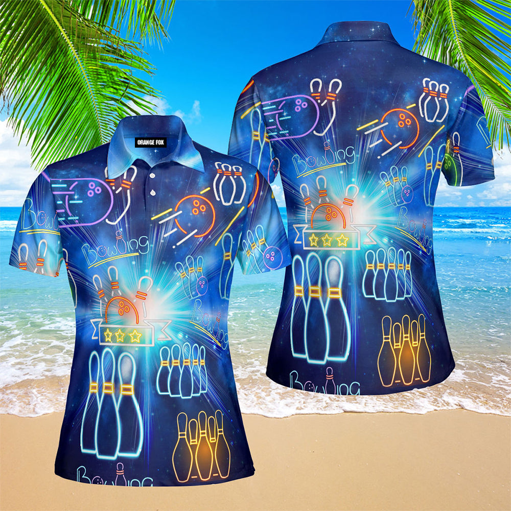Amazing Bowling Neon Blue Aloha Colorful Light Polo Shirt For Women
