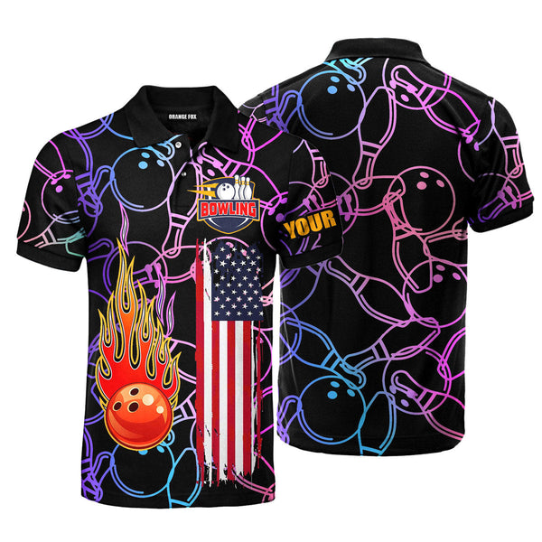 American Flag Fire Bowling Custom Name Polo Shirt For Men & Women