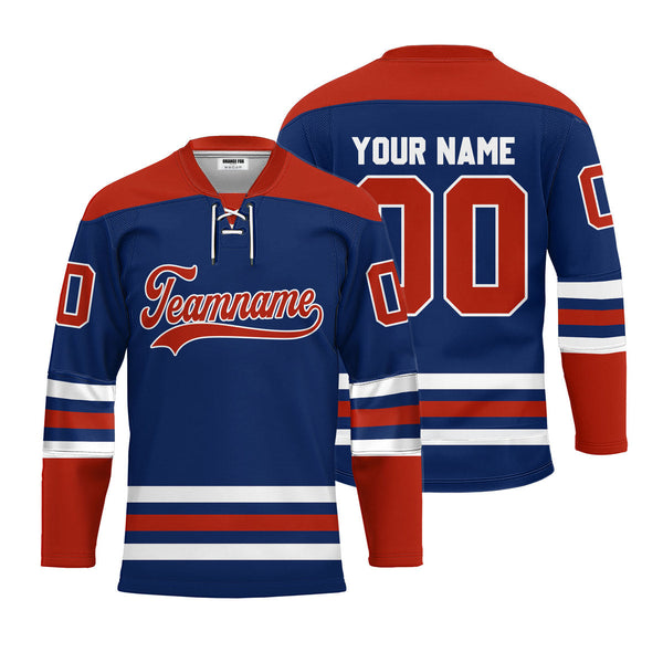 Custom Blue Edmonton Lace Neck Hockey Jersey For Men & Women