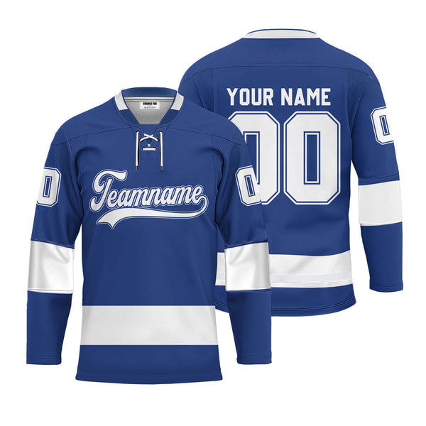 Custom Blue Tampa Lace Neck Hockey Jersey For Men & Women