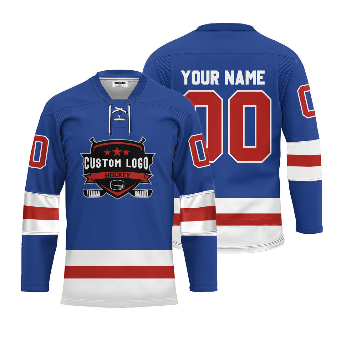 Custom Blue USA Lace Neck Hockey Jersey For Men & Women