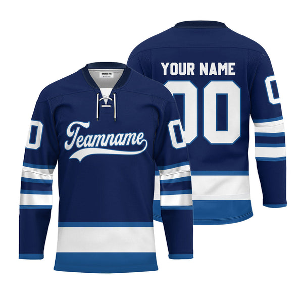Custom Blue Winnipeg Lace Neck Hockey Jersey For Men & Women