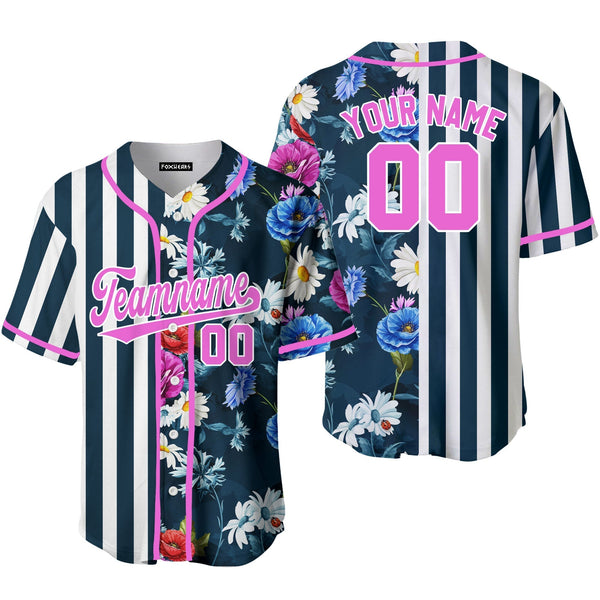 Custom Floral Teal Pinstripe Pink-White Split Fashion Baseball Jerseys For Men & Women