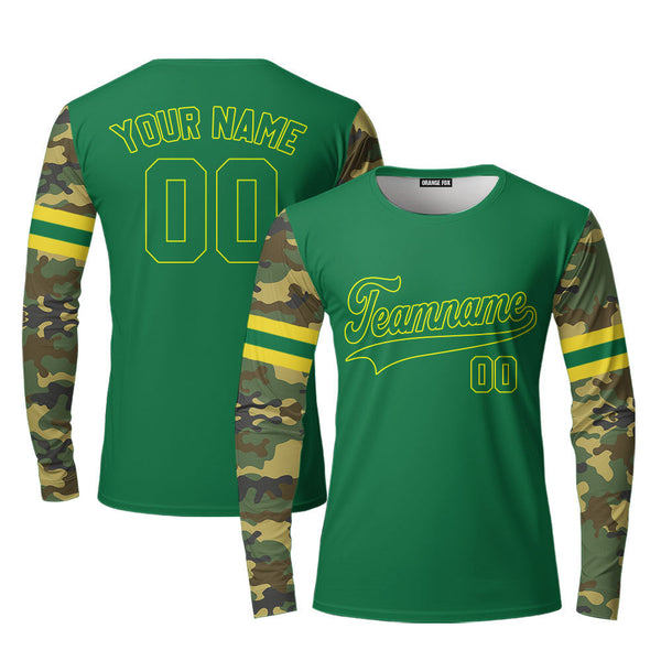 Custom Kelly Green Camo Raglan Yellow Custom Long Sleeve T-Shirt For Men & Women