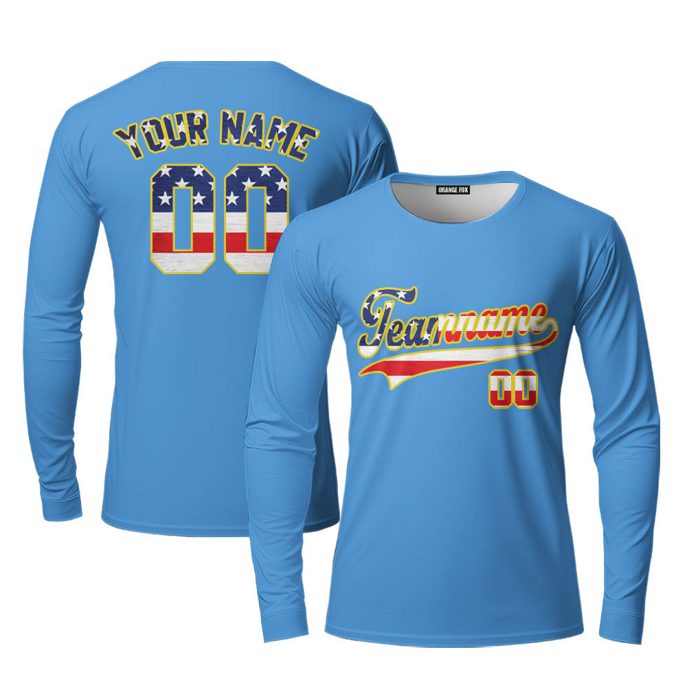Custom Powder Blue American Flag Fashion Custom Long Sleeve T-Shirt For Men & Women