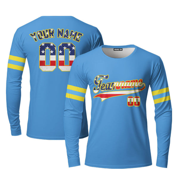Custom Powder Blue American Flag Fashion Custom Long Sleeve T-Shirt For Men & Women