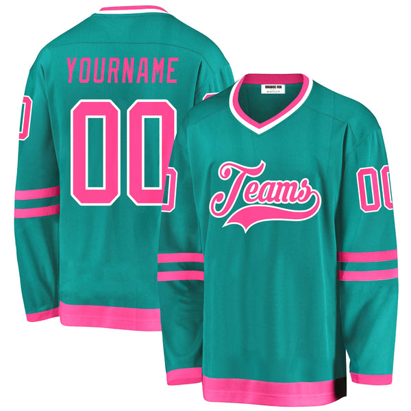 Custom Aqua Pink-White V Neck Hockey Jersey For Men & Women