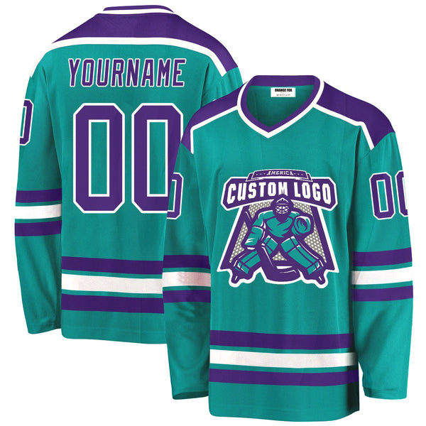 Custom Aqua Purple-White V Neck Hockey Jersey For Men & Women