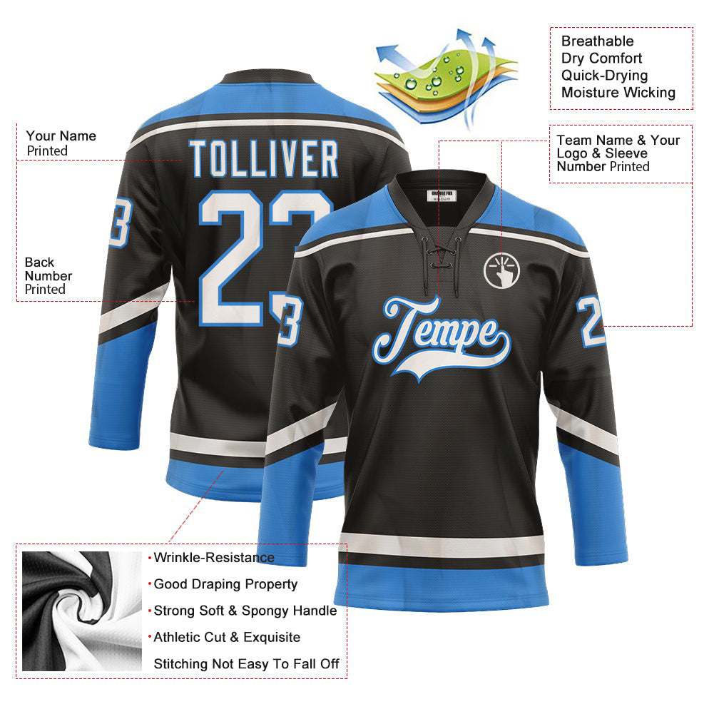Custom Black Blue White Neck Hockey Jersey For Men & Women