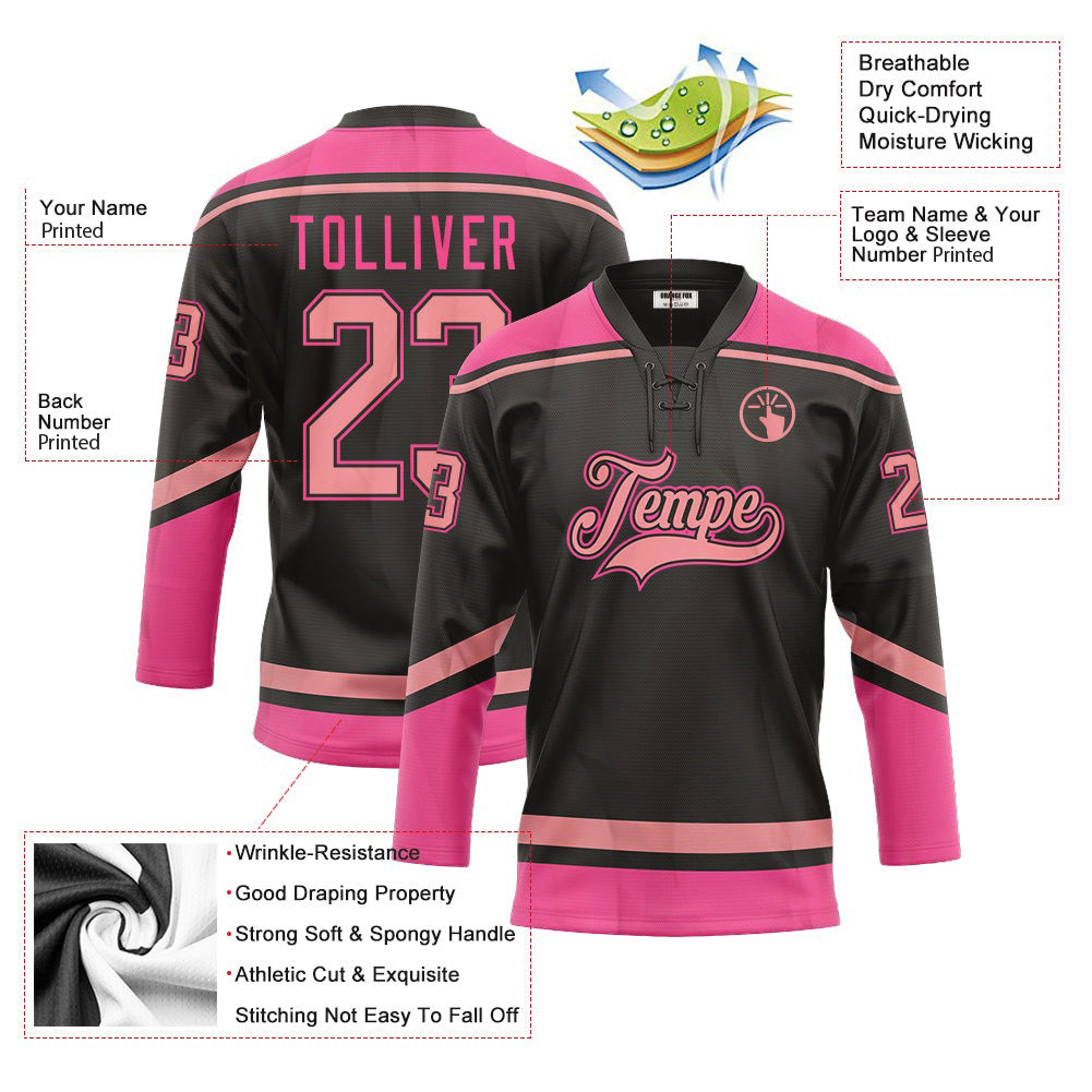 Custom Black Light Pink Neck Hockey Jersey For Men & Women