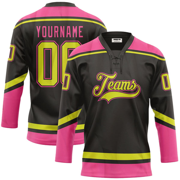 Custom Black Pink Neon Neck Hockey Jersey For Men & Women