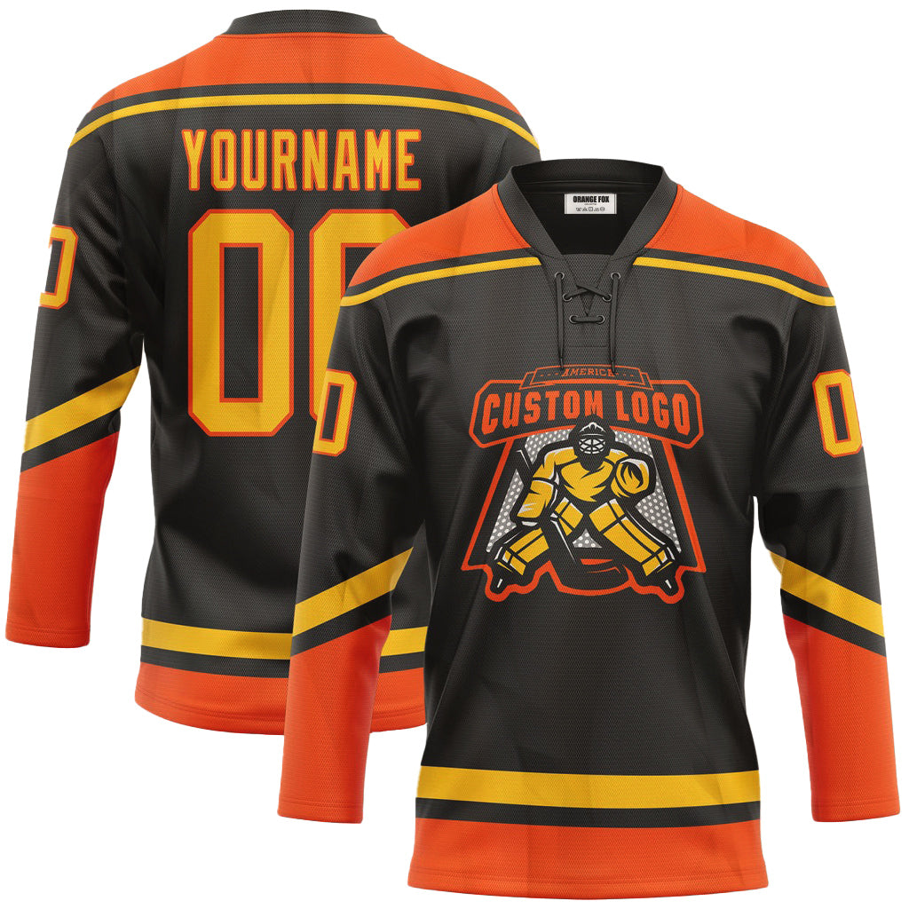 Custom Black Yellow Orange Neck Hockey Jersey For Men & Women