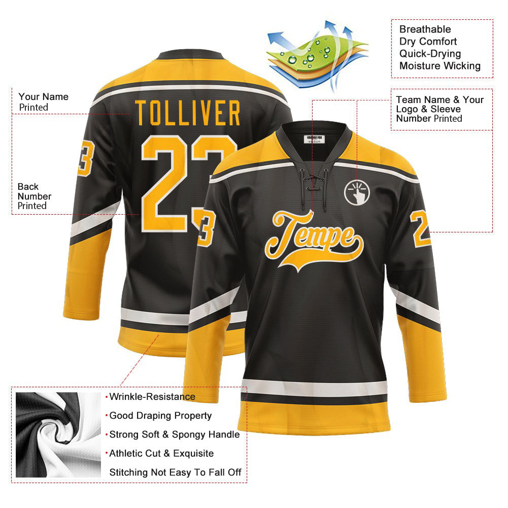 Custom Black Yellow White Neck Hockey Jersey For Men & Women