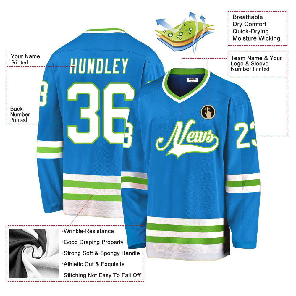 Custom Blue White-Neon Green V Neck Hockey Jersey For Men & Women