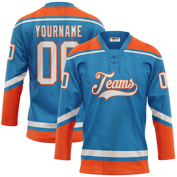 Custom Blue White-Orange Lace Neck Hockey Jersey For Men & Women
