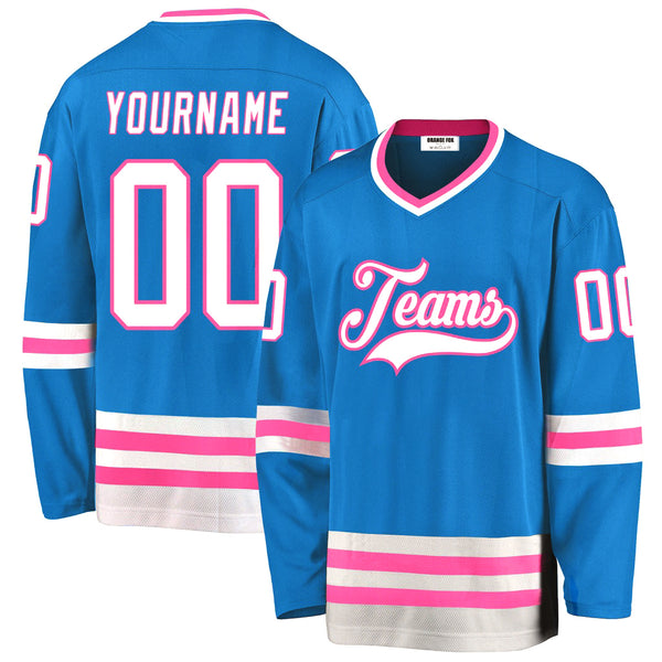 Custom Blue White-Pink V Neck Hockey Jersey For Men & Women