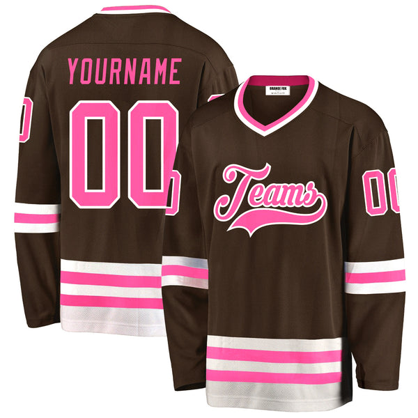 Custom Brown  Pink-White V Neck Hockey Jersey For Men & Women
