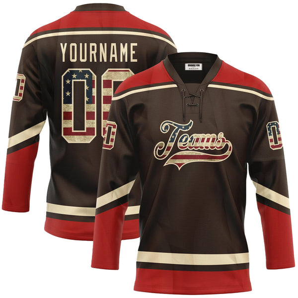 Custom Brown Vintage USA Flag Cream-Red Lace Neck Hockey Jersey For Men & Women