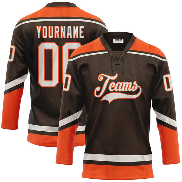 Custom Brown White-Orange Lace Neck Hockey Jersey For Men & Women