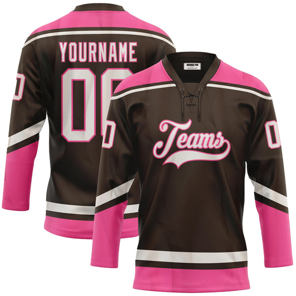 Custom Brown White-Pink Lace Neck Hockey Jersey For Men & Women