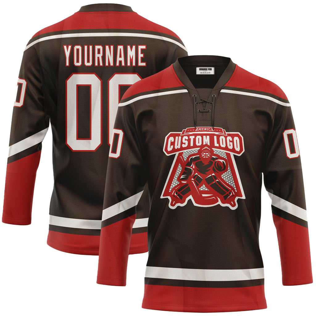 Custom Brown White-Red Lace Neck Hockey Jersey For Men & Women