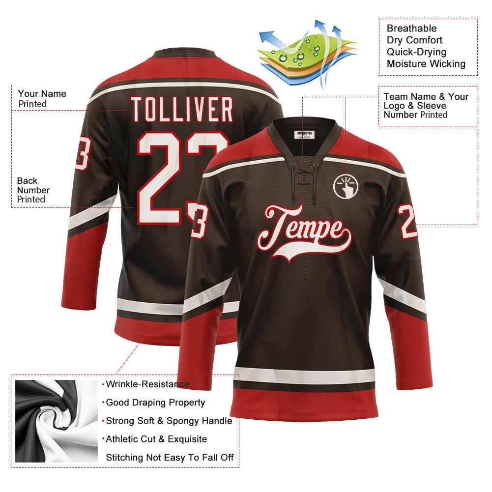 Custom Brown White-Red Lace Neck Hockey Jersey For Men & Women