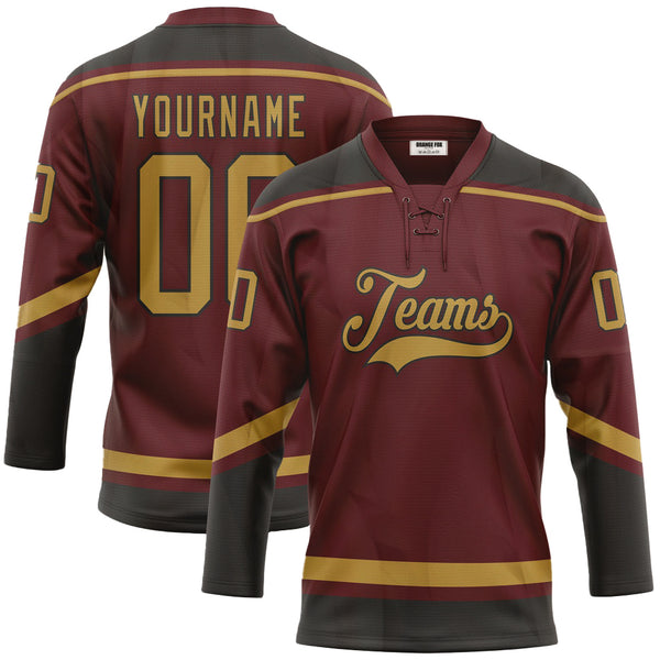 Custom Burgundy Old Gold-Black Lace Neck Hockey Jersey For Men & Women