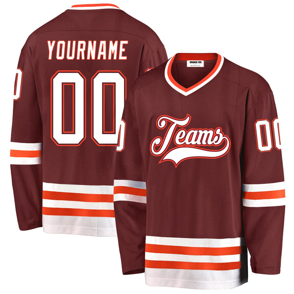 Custom Burgundy White-Orange V Neck Hockey Jersey For Men & Women