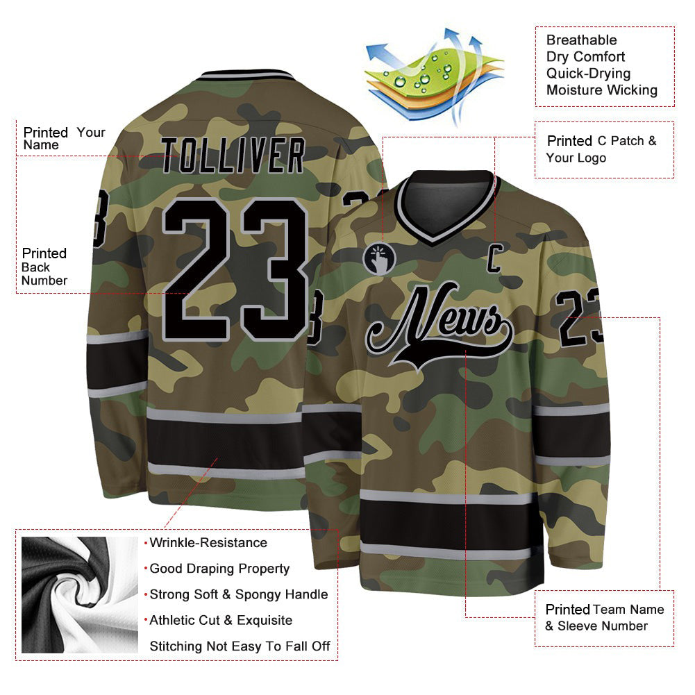 Custom Camo Black-Gray Salute To Service V Neck Hockey Jersey For Men & Women
