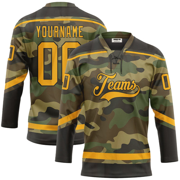 Custom Camo Gold-Black Salute To Service Neck Hockey Jersey For Men & Women