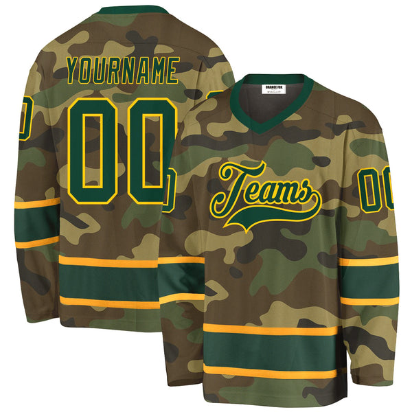 Custom Camo Green-Gold Salute To Service V Neck Hockey Jersey For Men & Women