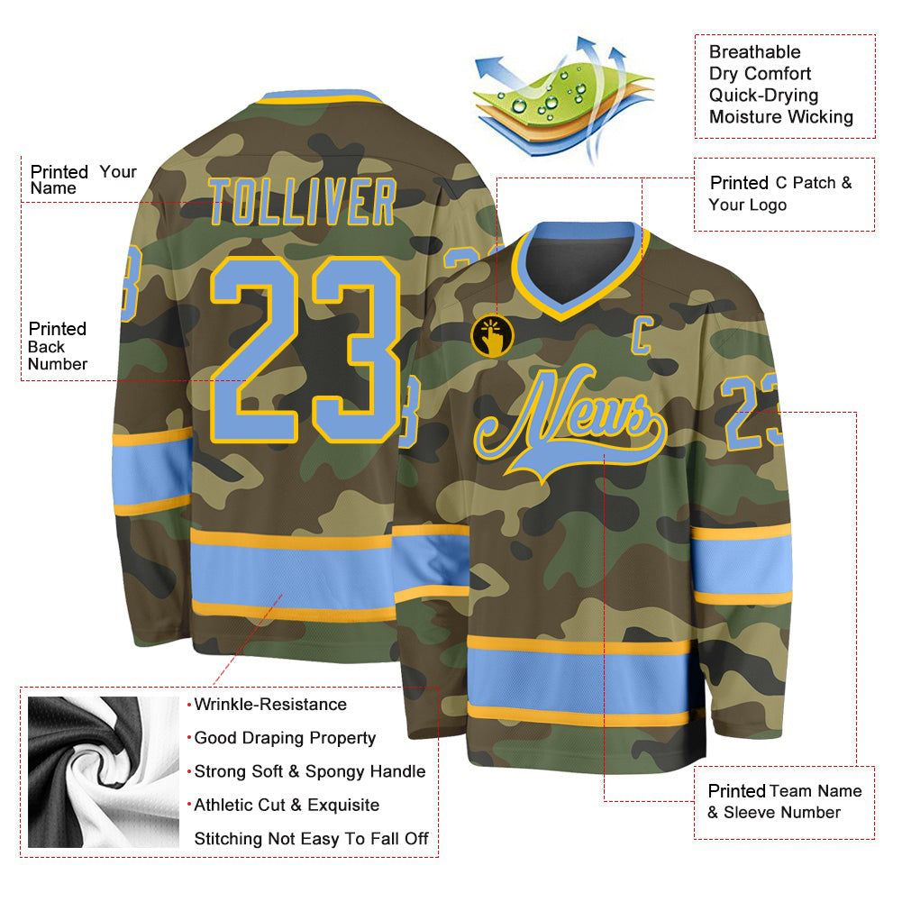 Custom Camo Light Blue-Gold Salute To Service V Neck Hockey Jersey For Men & Women