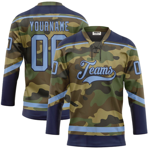 Custom Camo Light Blue-Navy Salute To Service Neck Hockey Jersey For Men & Women