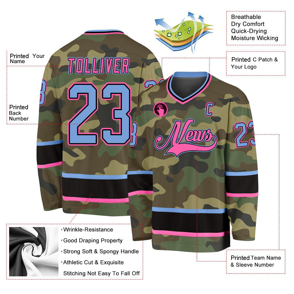 Custom Camo Light Blue-Pink Salute To Service V Neck Hockey Jersey For Men & Women