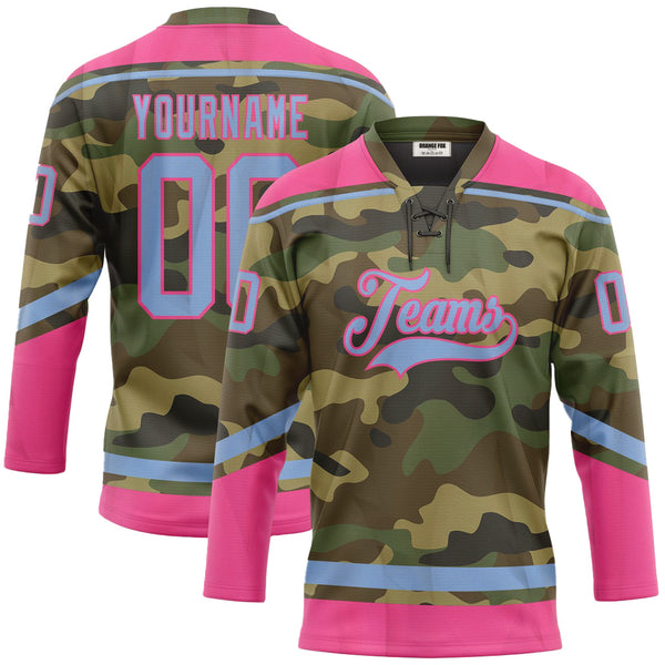 Custom Camo Light Blue-Pink Salute To Service Neck Hockey Jersey For Men & Women