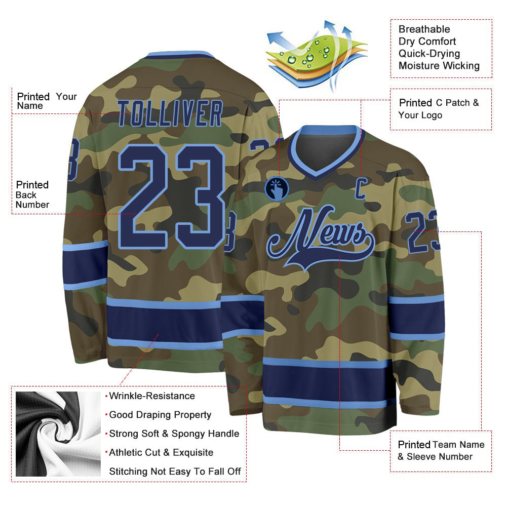 Custom Camo Navy-Light Blue Salute To Service V Neck Hockey Jersey For Men & Women