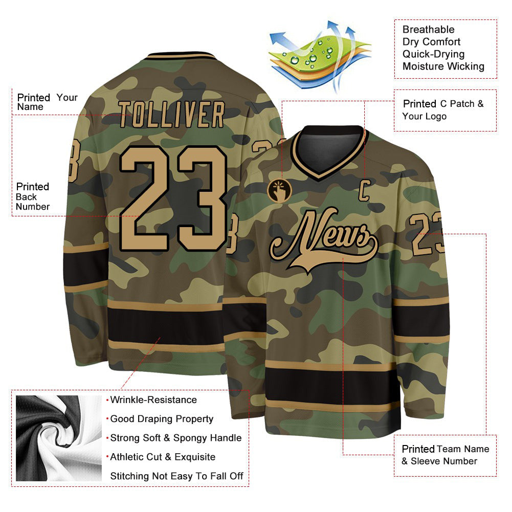 Custom Camo Old Gold-Black Salute To Service V Neck Hockey Jersey For Men & Women