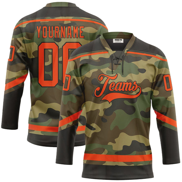Custom Camo Orange-Navy Salute To Service  Neck Hockey Jersey For Men & Women