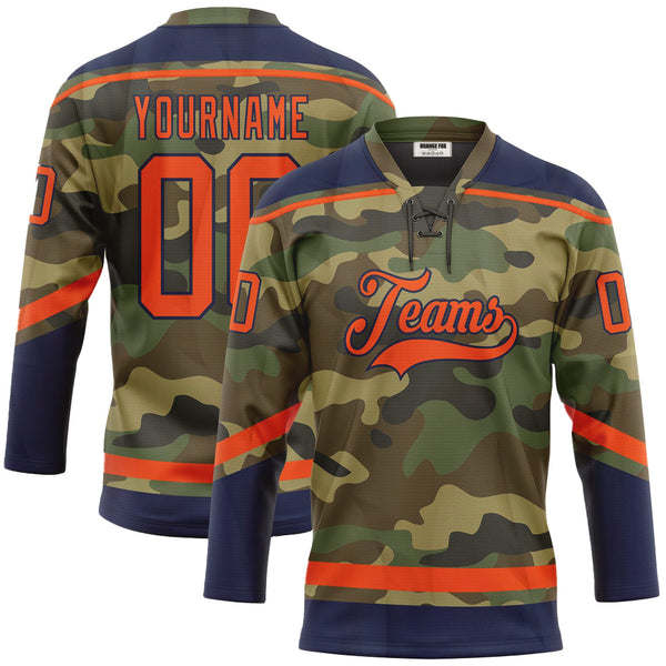 Custom Camo Orange-Navy Salute To Service Neck Hockey Jersey For Men & Women