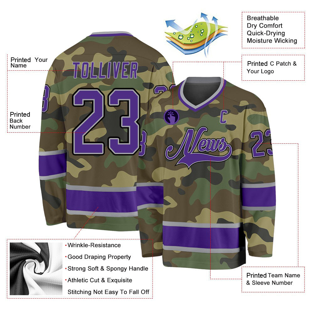 Custom Camo Purple-Black Salute To Service V Neck Hockey Jersey For Men & Women
