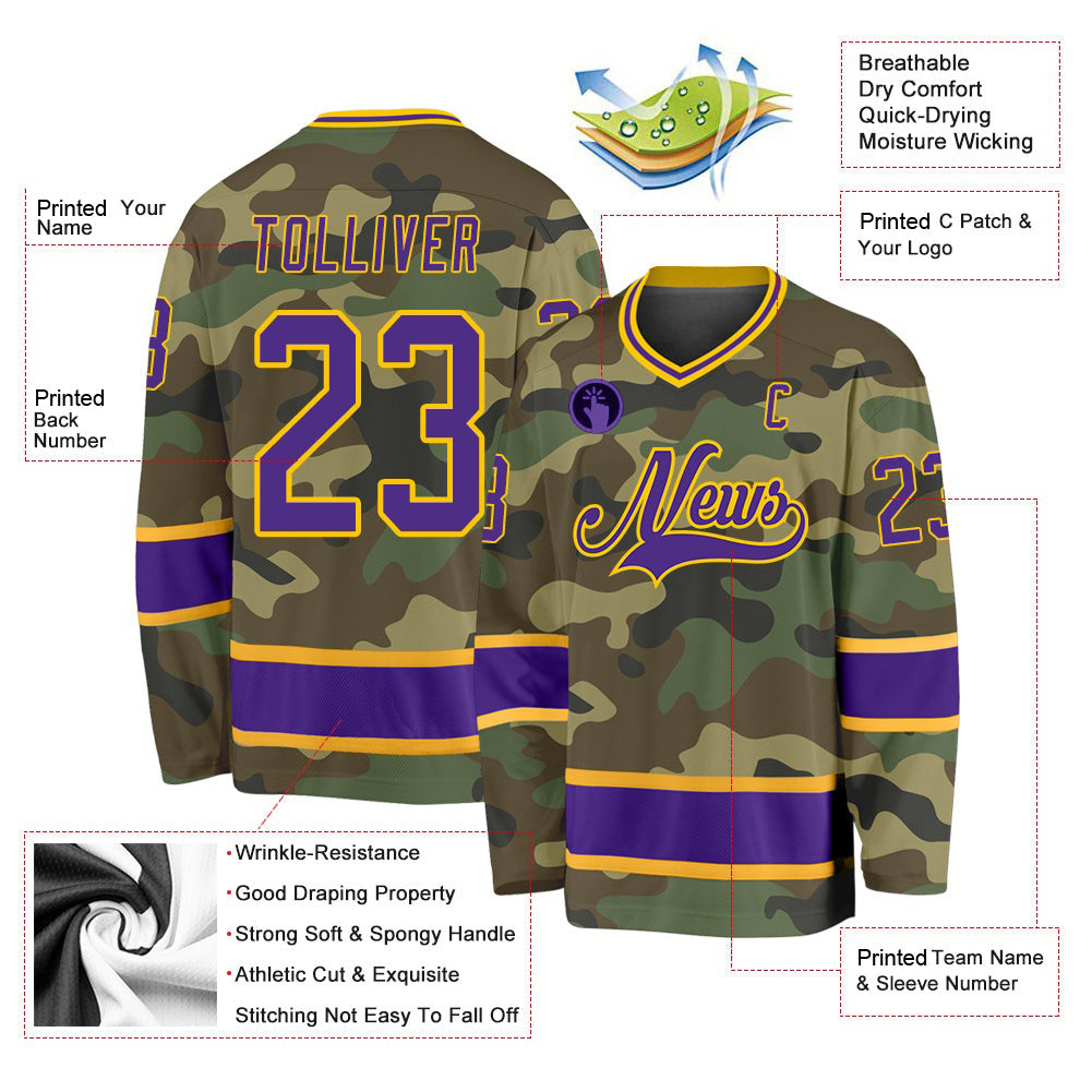 Custom Camo Purple-Gold Salute To Service V Neck Hockey Jersey For Men & Women