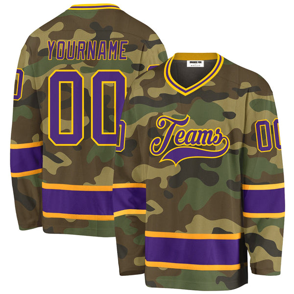 Custom Camo Purple-Gold Salute To Service V Neck Hockey Jersey For Men & Women