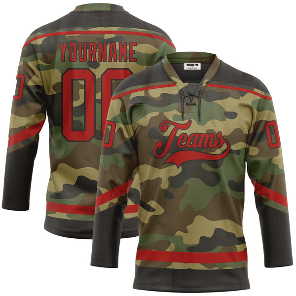 Custom Camo Red-Black Salute To Service Neck Hockey Jersey For Men & Women