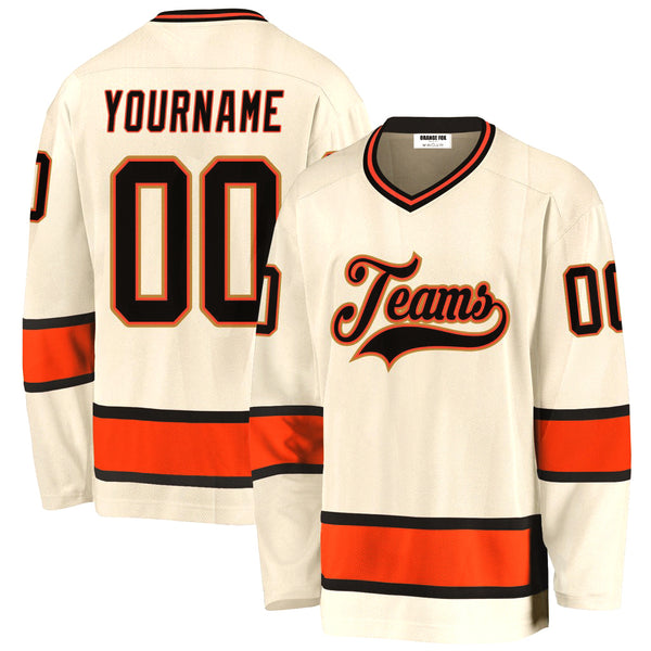Custom Cream Black-Orange V Neck Hockey Jersey For Men & Women