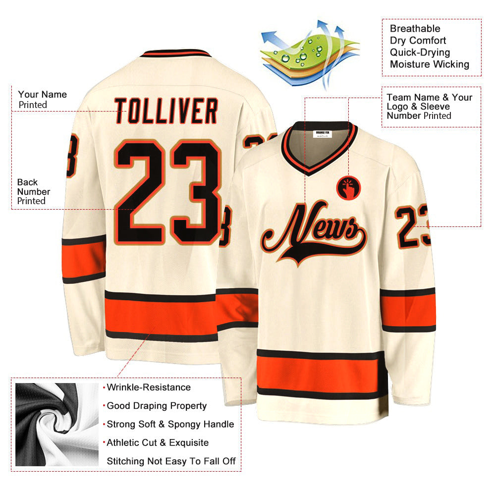 Custom Cream Black-Orange V Neck Hockey Jersey For Men & Women