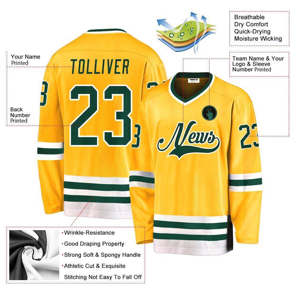 Custom Gold Green-White V Neck Hockey Jersey For Men & Women