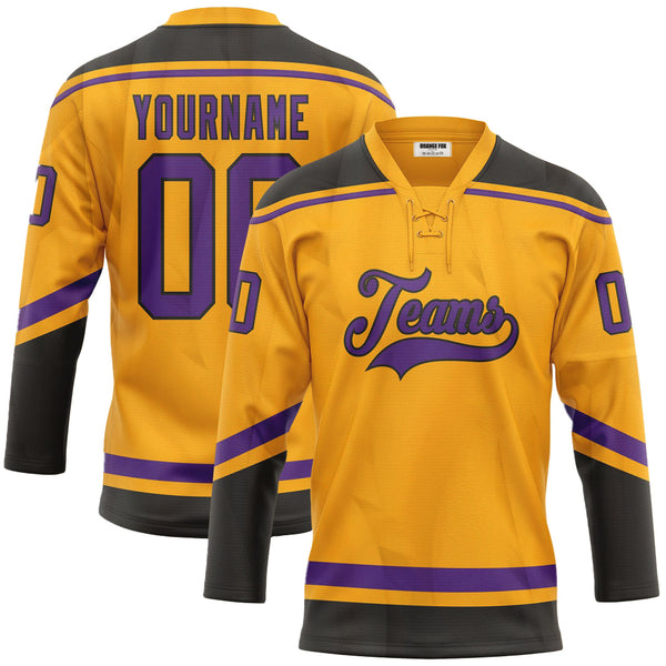 Custom Gold Purple-Black Neck Hockey Jersey For Men & Women