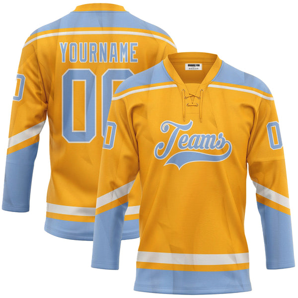 Custom Gold White-Light Blue  Neck Hockey Jersey For Men & Women