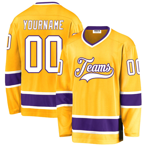 Custom Gold White-Purple V Neck Hockey Jersey For Men & Women
